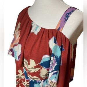 Lilypad Rust Floral One Shoulder Above the Knee Dress with Strap Ruffle Top Med